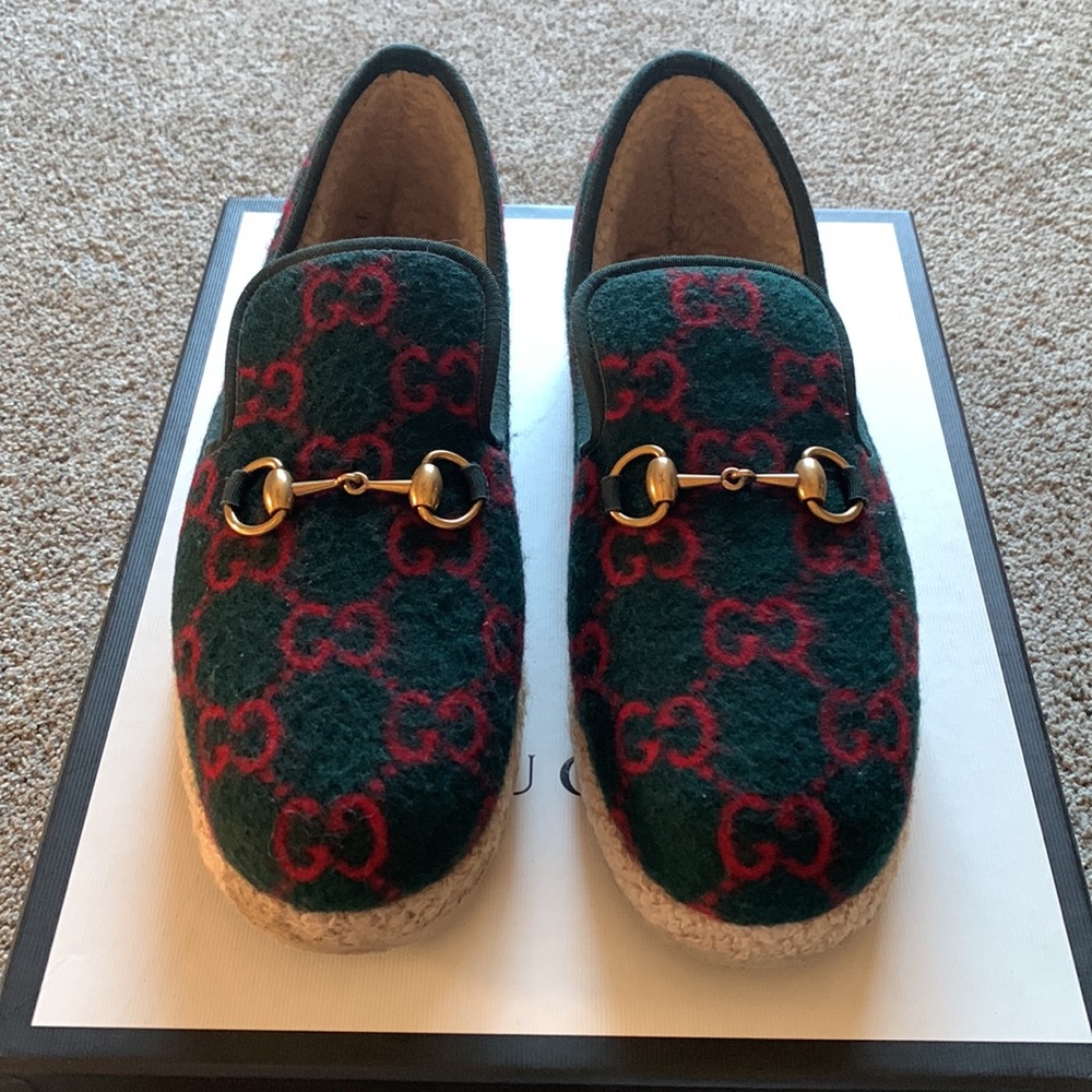 ⭐️HOST PICK!⭐️Authentic Gucci Fria GG Monogram Wool Horsebit Loafers 9 Green Red - Picture 4 of 13